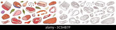 Meat and salmon fish big collection with steak, sausage, drumstick, bacon, fillet, vegetable, herb and spice in flat and line art style. Perfect for Stock Vector