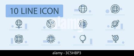 Globe and planet set icon. Earth grid, network, spinning globe, orbit, gear, dotted boundary, flat map used in global, location, planetary, internet, Stock Vector