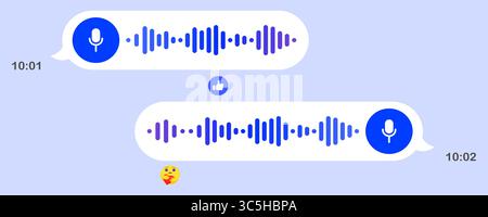 Voice chat icon. Audio messages in messenger, play button, waveform, chat bubbles, emoji reaction, like symbol, night interface, mobile screen, digita Stock Vector