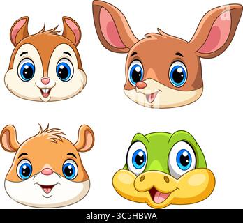 Illustration of Cute wild animal faces cartoon set collection with white background Stock Vector