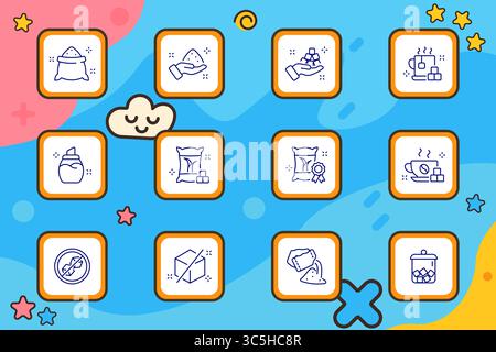 Sugar product icon set. Assorted sweetener-related illustrations including sugar bags, cubes, packets, drinks, jars, and non-sugar symbols in outlined Stock Vector