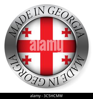 Made in Georgia button icon. Circular emblem with metallic border, glossy central flag, and bilingual label indicating product origin and internationa Stock Vector