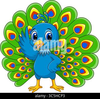 Cute peacock cartoon. Beautiful peacock cartoon on white background Stock Vector