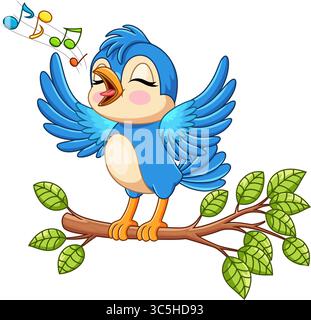 Cute bird singing on a tree branch on white background Stock Vector