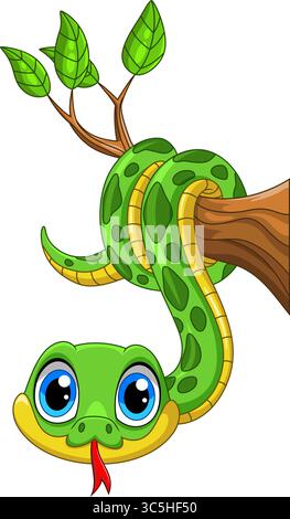 Illustration of Cute green snake cartoon on a tree branch with white background Stock Vector