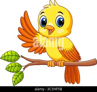 Beautiful little bird on a tree branch. Cartoon cute little yellow bird on a tree branch Stock Vector