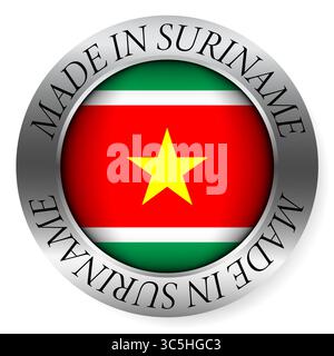 Made in Suriname button icon. Circular emblem with metallic border, glossy central flag, and bilingual label indicating product origin and internation Stock Vector