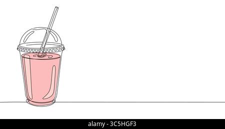 Pink drink in plastic cup with straw in one line art style. Drink drawing with editable black stroke Stock Vector