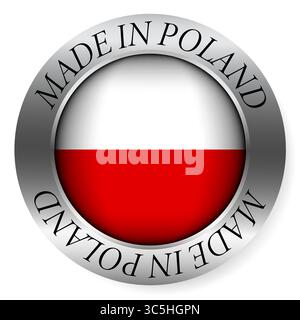 Made in Poland button icon. Circular emblem with metallic border, glossy central flag, and bilingual label indicating product origin and international Stock Vector