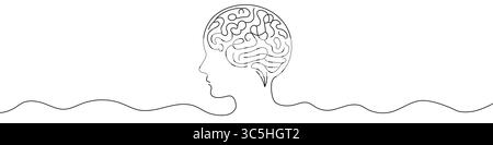 Black head profile with brain in single line art style. Editable minimalist drawing Stock Vector