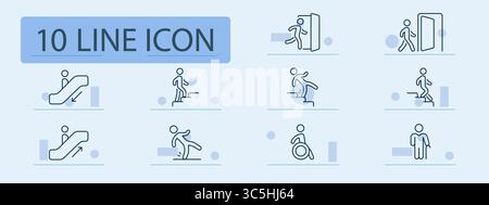 Movement and access set icon. Line illustrations showing people walking, entering, exiting, falling, climbing, using escalators, wheelchairs, and mobi Stock Vector