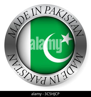 Made in Pakistan button icon. Circular emblem with metallic border, glossy central flag, and bilingual label indicating product origin and internation Stock Vector