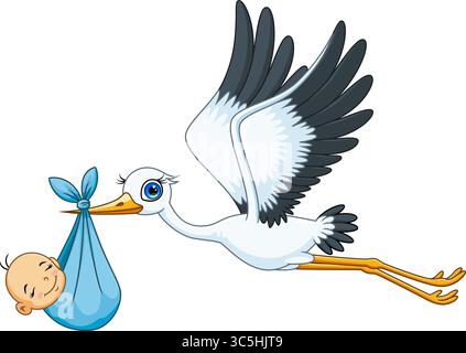 Cartoon of a cute stork carrying a newborn baby on white background Stock Vector
