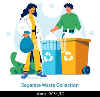 Vector illustration of two people practicing waste separation. One holds a bag while the other sorts trash into colored recycling bins with recycle symbols, promoting environmental responsibility. Stock Vector