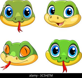 Illustration of Cute funny snake faces.cartoon set collection Stock Vector