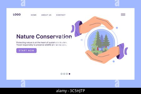 Nature conservation vector illustration featuring hands protecting a forest landscape inside a glass sphere. Emphasizes sustainability, wildlife preservation, and responsible tourism. Stock Vector