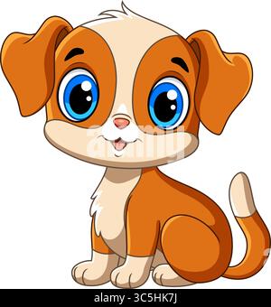 Illustration of cartoon little cute dog and adorable sitting and smiling on white background Stock Vector