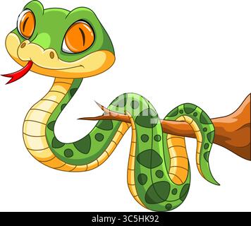 Illustration of Cute green snake cartoon on a tree branch with white background Stock Vector