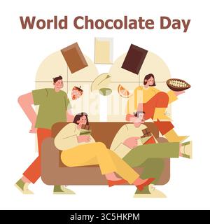 Vector illustration of friends enjoying World Chocolate Day with chocolate bars and happy expressions. Celebratory atmosphere highlights the joy of indulging in sweets together. Stock Vector