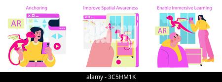 Vector illustration showing an interactive augmented reality experience where a dragon enhances learning. A person interacts digitally, improving spatial awareness and immersive learning. Stock Vector