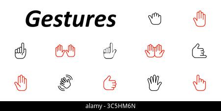 Gestures set icon. Raised fingers, open hands, thumbs, waves, index points, palm displays, and communication hand signs in minimal outline showing var Stock Vector