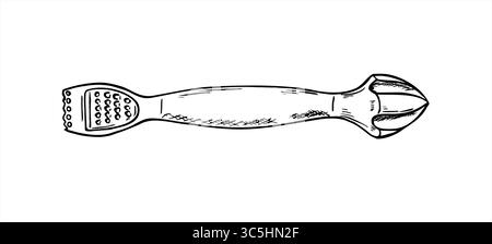 Bartender citrus zester and juicer tool vector illustration painted by black inks. Monochrome fruit stainless scraper line art sketch. Stock Vector