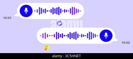Voice chat icon. Audio messages in messenger, play button, waveform, chat bubbles, emoji reaction, like symbol, night interface, mobile screen, digita Stock Vector