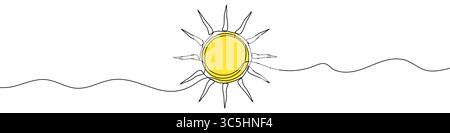Yellow sun in one line art style. Sun drawing with editable black stroke on white background. Vector illustration. Stock Vector