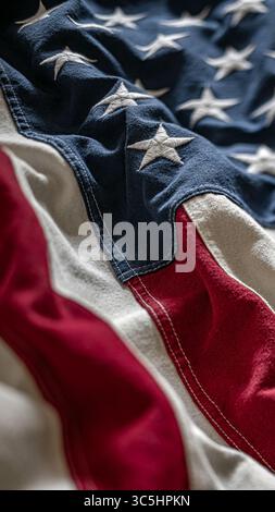 The close-up showcases a worn American flag with vivid red and white stripes, and a blue field adorned with white stars. The fabric highlights texture and history, evoking patriotism. Stock Photo