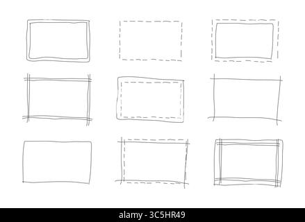 Hand drawn rectangle frames set. Doodle simple rectangular black shapes. Scribble square text boxes. Highlighting elements. Lined thin borders Stock Vector
