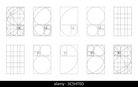 Golden ratio template big set. Method golden section samples. Fibonacci array, numbers forms. Harmony proportions black frames. Outline graphic thin Stock Vector