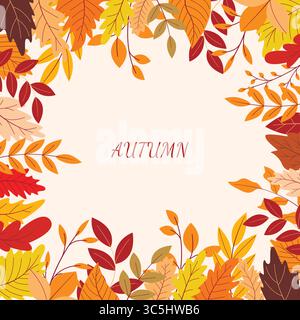 Border of autumn different colored leaves and word Autumn. Square template for fall season design. Vector graphic Stock Vector
