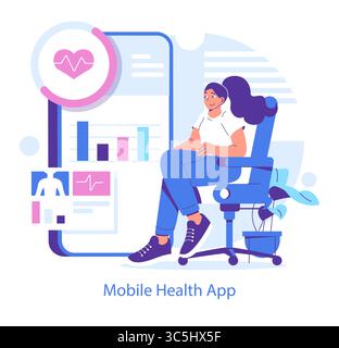 Vector illustration of a person interacting with a mobile health app. Features charts and icons displaying health data, emphasizing technology in healthcare management. Stock Vector