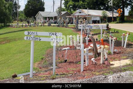 The Bone Yard in Loudon, Tennessee features skeletons of all sizes riding bikes, walking dogs, and playfully frolicking about. Stock Photo