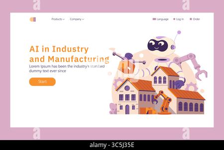 AI in industry and manufacturing illustrates a futuristic approach to automation. The design features robots interacting with buildings and machinery, showcasing innovation and efficiency in production. Vector illustration. Stock Vector