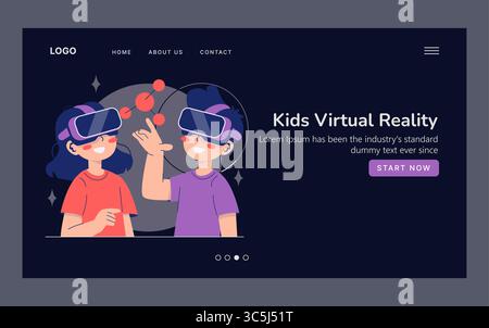 Two kids are wearing virtual reality headsets, interacting with virtual objects. This colorful vector illustration captures their excitement and engagement in a digital environment. Stock Vector