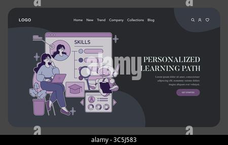 Vector illustration of a personalized learning path featuring a woman using a laptop and an AI robot analyzing skills on a digital interface. Emphasizes education technology and skill development. Stock Vector