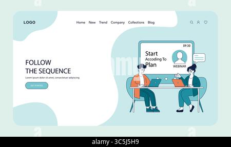Illustration showing two people using laptops in a webinar planning meeting. The screen displays a prompt to "Start According To Plan," emphasizing productivity and organization. Stock Vector