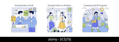 Vector illustration showing a man interacting with AR for reminders, a woman selecting outfits via AR mirror, and a woman commuting using AR navigation on a device. Stock Vector