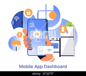 Vector illustration showcasing a hand using a mobile app to control smart home devices like a refrigerator, lamp, and security features. The app interface displays connectivity icons. Stock Vector