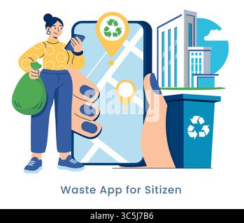 Smart waste management concept. A woman uses a mobile app to locate recycling points, promoting eco-friendly urban living. Stock Vector