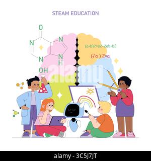 Vector illustration of diverse children learning STEAM subjects using a robot and educational tools. The kids are interacting with technology and science in an engaging way. Stock Vector