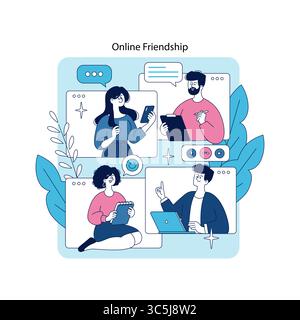 Vector illustration of four people engaging in an online gathering. Each person is in a different virtual panel, communicating via devices, expressing joy and connection through digital friendship. Stock Vector
