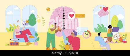 Vector illustration depicting various collaborative activities for mental wellness and creativity. People engage in listening to music, painting, and caring for plants, promoting positive brain health. Stock Vector