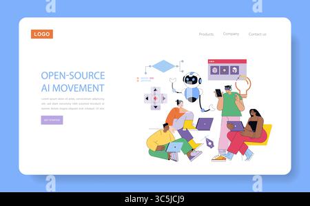 Vector illustration of a diverse group of individuals collaborating with a robot on open-source AI projects. Engaged team using technology and devices for creative innovation. Stock Vector