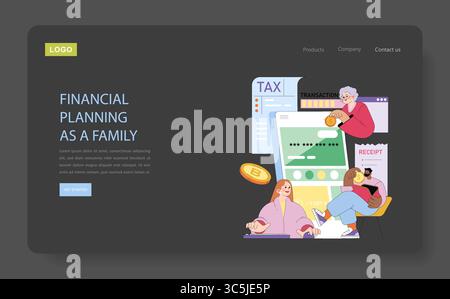 Vector illustration of a family planning finances together, featuring elements like tax documents, transactions, and digital currency. People are smiling and engaged in financial activities. Stock Vector