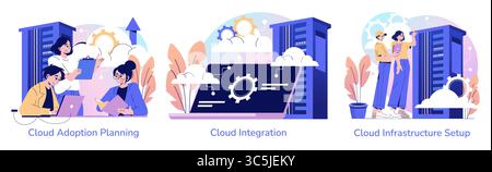 Vector illustration depicting cloud adoption and integration planning. Teams strategize cloud solutions around servers, technology infrastructure, and digital transformations in a business setting. Stock Vector