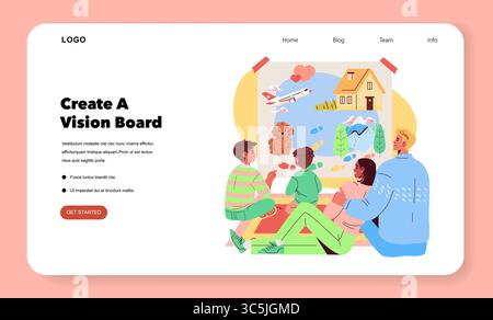 A diverse group of people engaging in a creative vision board session, sharing ideas and inspiration for future goals. Includes elements such as a plane, house, and more in a colorful vector style. Stock Vector