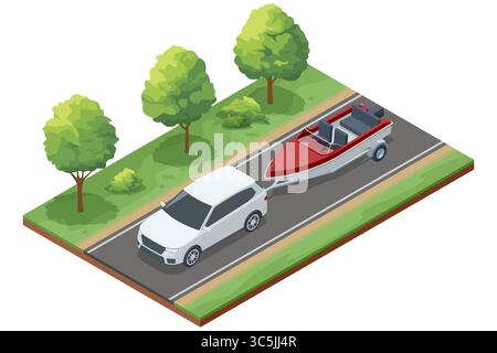 An isometric illustration of a white car towing a red and white motorboat on a trailer along a road lined with green trees, depicting travel to water. Stock Vector