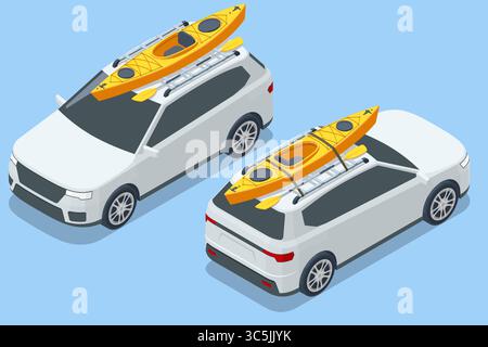 Isometric depicting white car SUV transporting a yellow kayak on roof rack, highlighting outdoor adventure. Kayaks with paddles, perfect for water Stock Vector